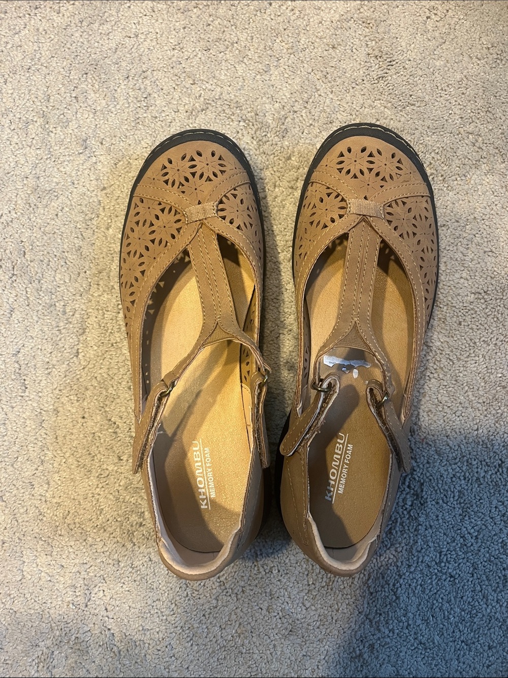 Khombu Women's Tan Laser-Cut T-Strap Casual Flats